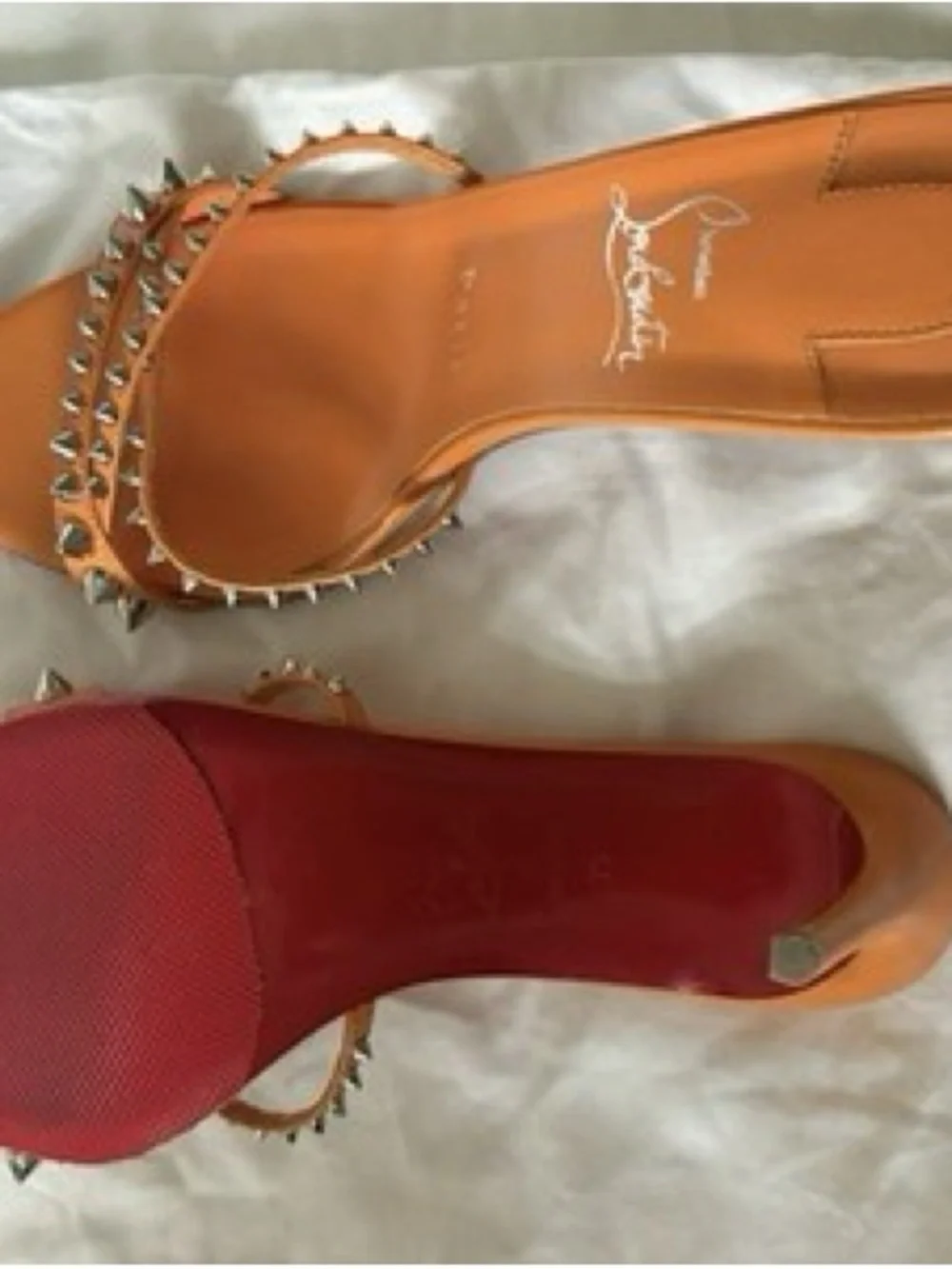 Christian Louboutin Tan Leather Spike Stud Open Toe Slip-On Sandal Heels EU 39